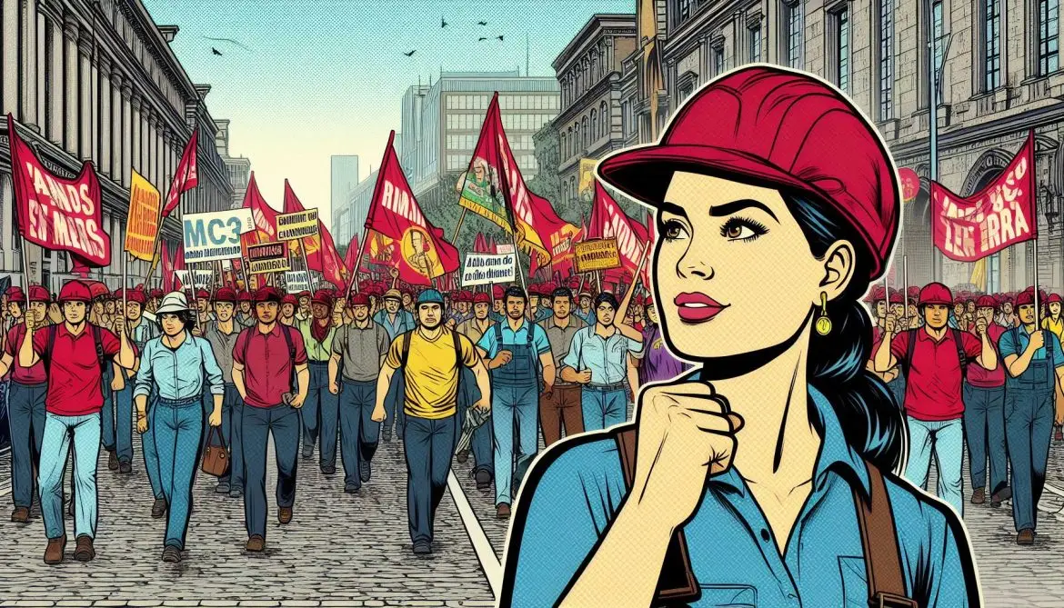 trabajadores sindicalizados marchando sobre una calle en una ciudad en mexico, al frente de la marcha destaca una mujer obrera joven llevando un casco de seguridad