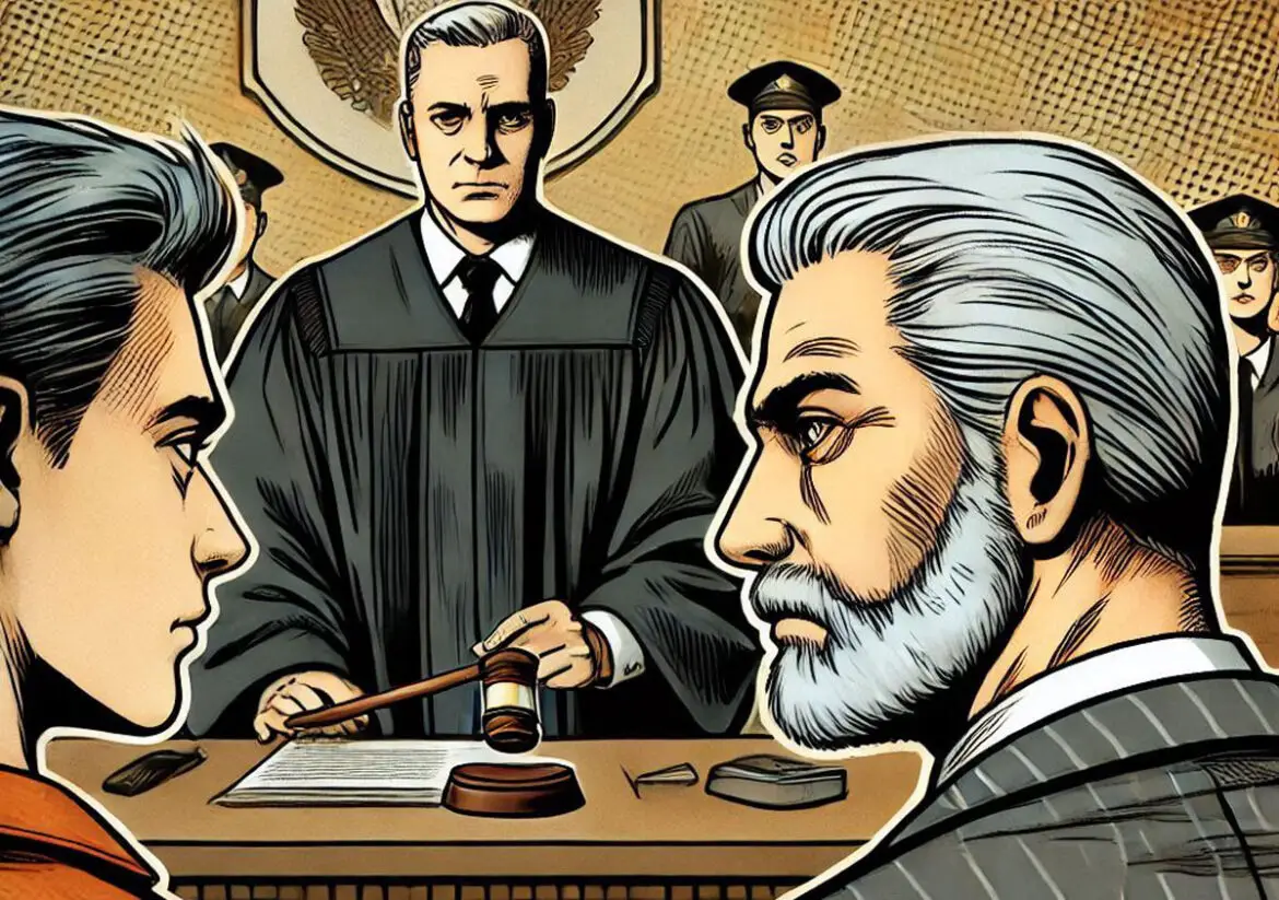 Juez-frente-a-una-persona-con-canas-acusada-de-un-delito-estan-en-un-juzgado