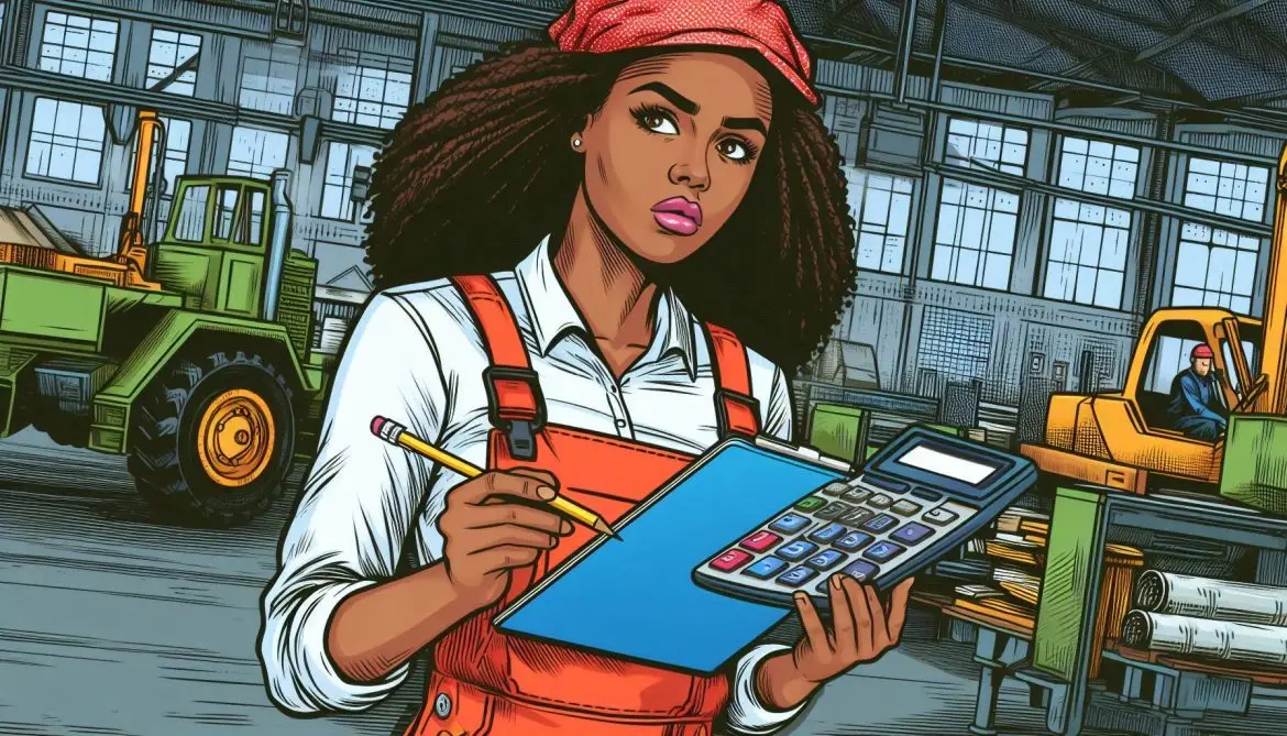 mujer trabajadora de fabrica usando una calculadora tiene una libreta y un lápiz y se ve pensativa