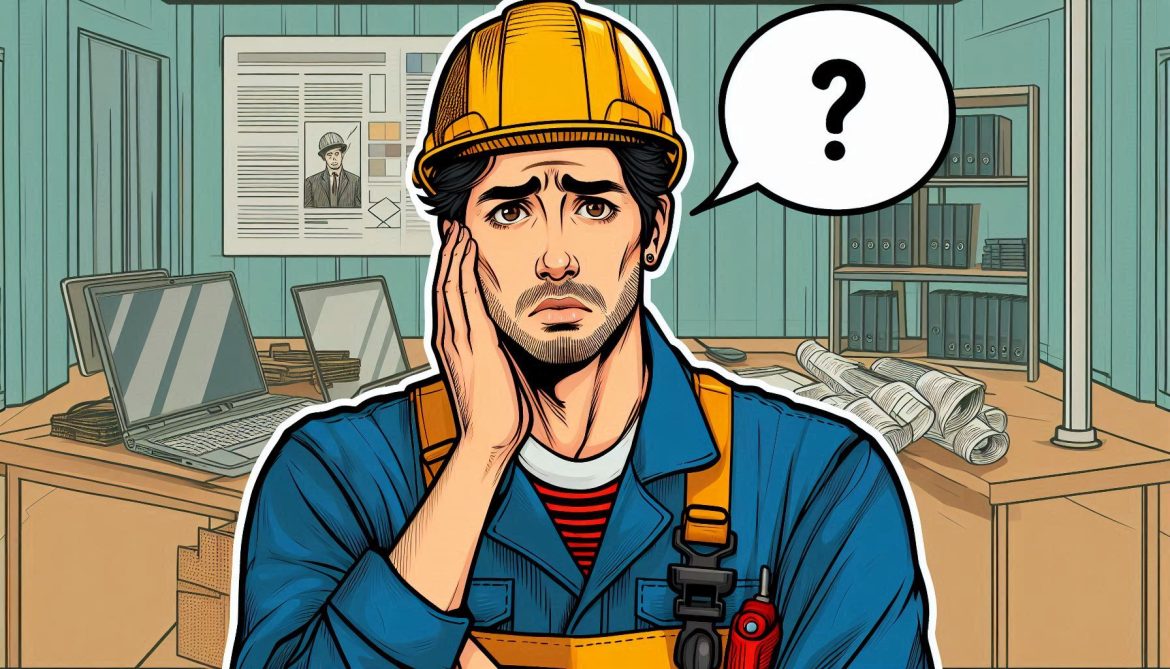 trabajador obrero con aspecto preocupado por ser despedido, lleva casco de seguridad y al fondo hay un escritorio con documentos y una laptop