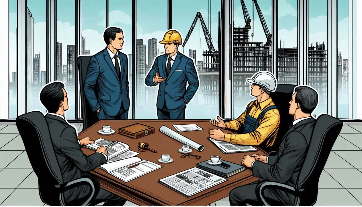 un trabajador de la construccion y su jefe hablando en una sala de juntas al lado de cada uno hay un abogado de pie
