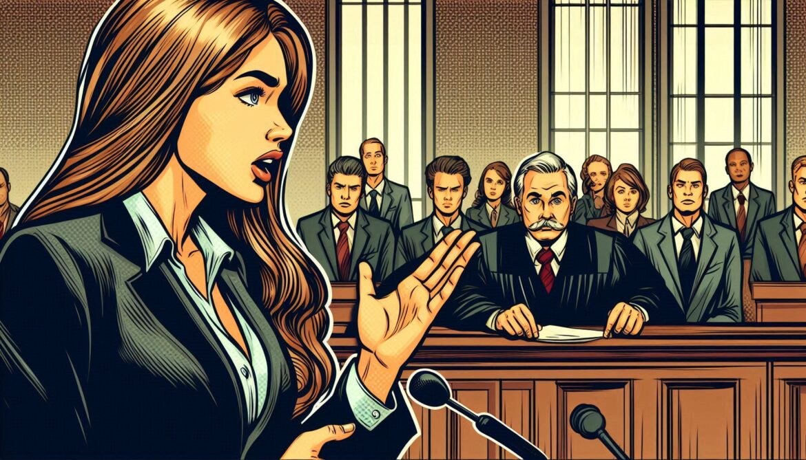 Mujer joven abogada argumentando serenamente frente a un juez en la corte, de fondo se observa el jurado - objeciones en las audiencias