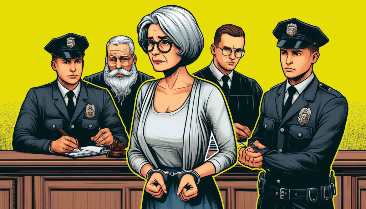 Mujer-mayor-con-canas-esposada-esta-frente-a-un-juez-y-dos-policias-teoria-del-delito-en-el-derecho-penal