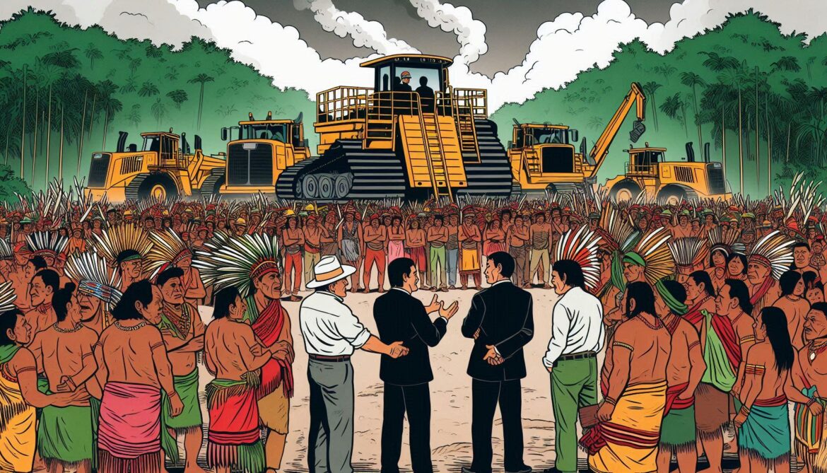 comunidad-indigena-protestando-contra-unos-arquitectos-de-fondo-hay-maquinaria-pesada-y-una-selva-espesa-comunidades-indigenas-y-sus-derechos