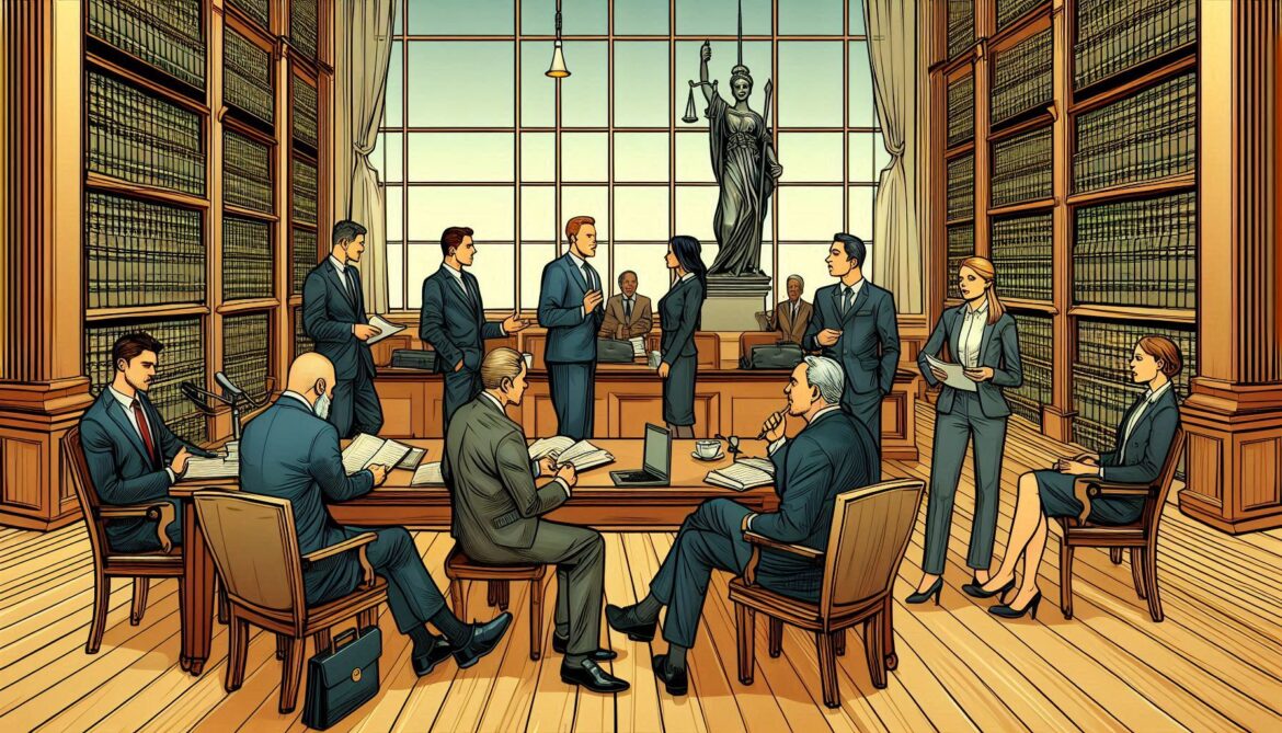 grupo de abogados y abogadas de diferentes edades conversando en una sala amplia y grande-colegio de abogados