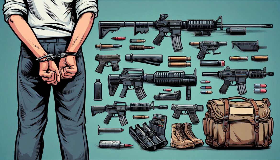 hombre-de-espaldas-esposado-al-fondo-hay-un-arsenal-de-armas-de-fuego-cartuchos-balas-etc-Posesion-y-Portacion-de-Armas-de-fuego-delitos-derecho-penal