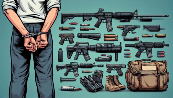 hombre-de-espaldas-esposado-al-fondo-hay-un-arsenal-de-armas-de-fuego-cartuchos-balas-etc-Posesion-y-Portacion-de-Armas-de-fuego-delitos-derecho-penal