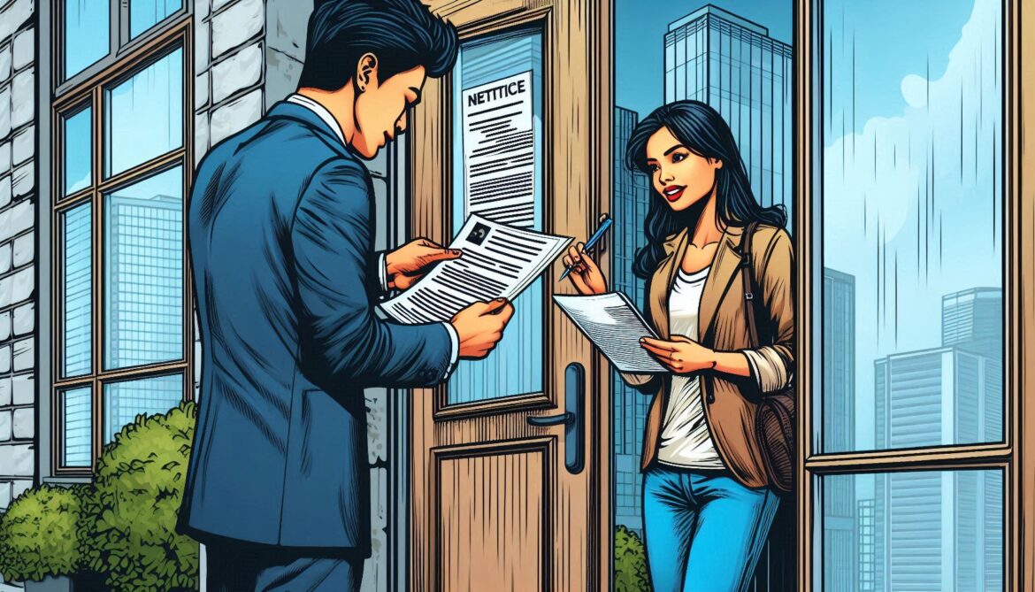 mujer siendo notificada por un actuario a las puertas de su casa, la mujer tiene un documento y una pluma en sus manos y el notificador es un hombre está leyendo un documento, derecho civil y familiar