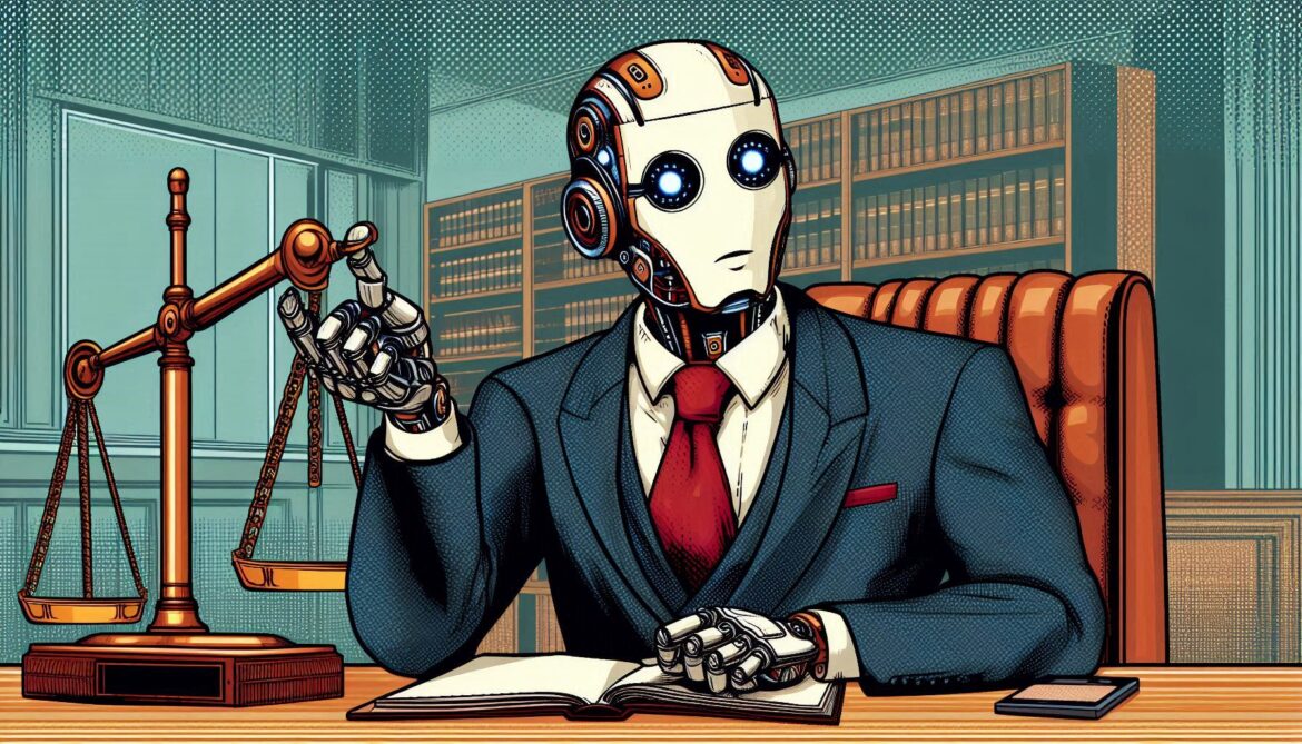 Abogado robot vestido-de traje y corbata está sentado en una silla y sus brazos descansan sobre un escritorio | Justicia Digital y el CNPCF (Código Nacional de Procedimientos Civiles y Familiares)