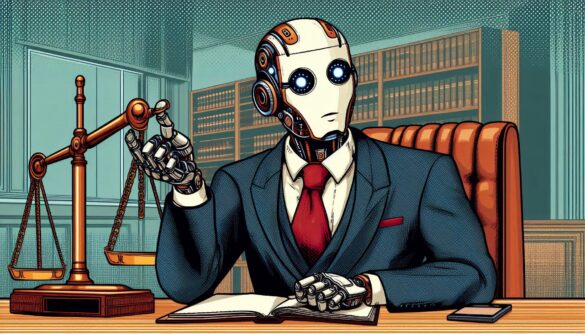Abogado robot vestido-de traje y corbata está sentado en una silla y sus brazos descansan sobre un escritorio | Justicia Digital y el CNPCF (Código Nacional de Procedimientos Civiles y Familiares)