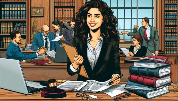 mujer estudiante joven realizando sus prácticas profesionales en un despacho de abogadas y abogados, la chica tiene pelo ondulado, se encuentra trabajando en un escritorio donde hay libros, una laptop, unos lentes, etc, al fondo se ve gente trabajando, el ambiente es el de una oficina de servicios jurídicos.