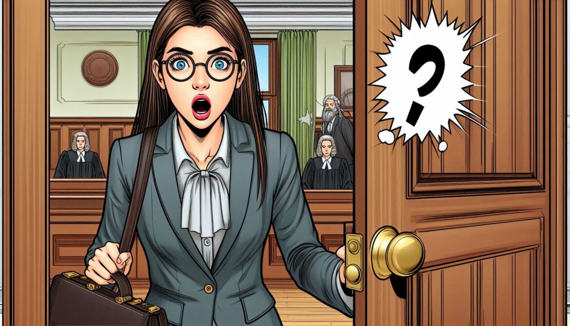 Abogada sorprendida por apagón en España, al fondo se ve un juez en la sala de un tribunal, Apagón en Europa