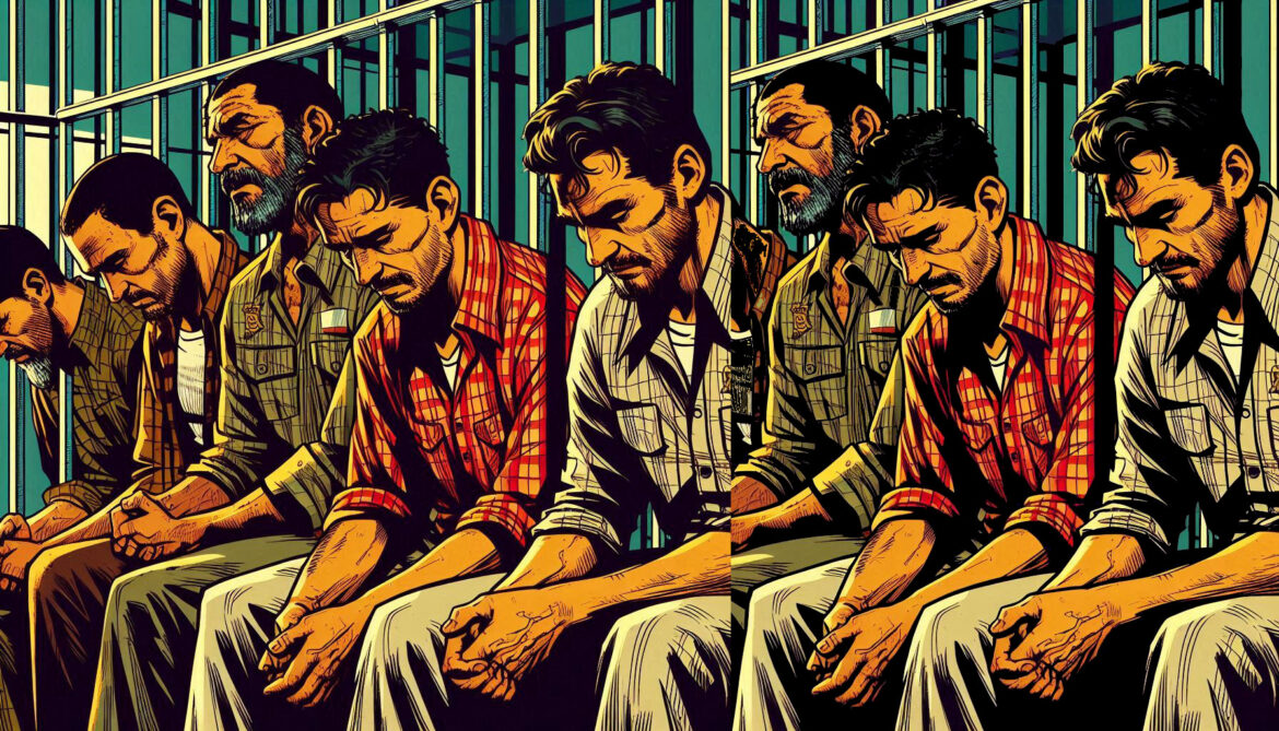 personas cabizbajas y con aspecto preocupado se encuentran en una prisión, todos son hombres y dos de ellos tienen barba, condenados a través del procedimiento abreviado.