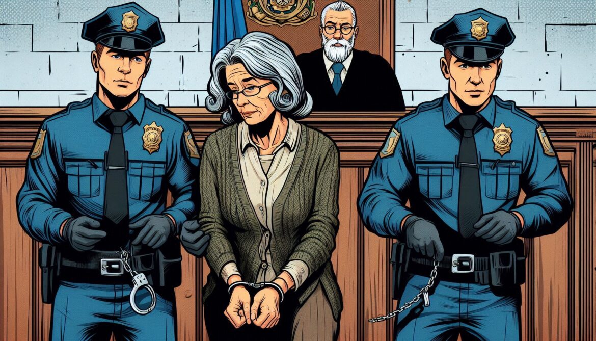 mujer adulta mayor con esposas en la corte