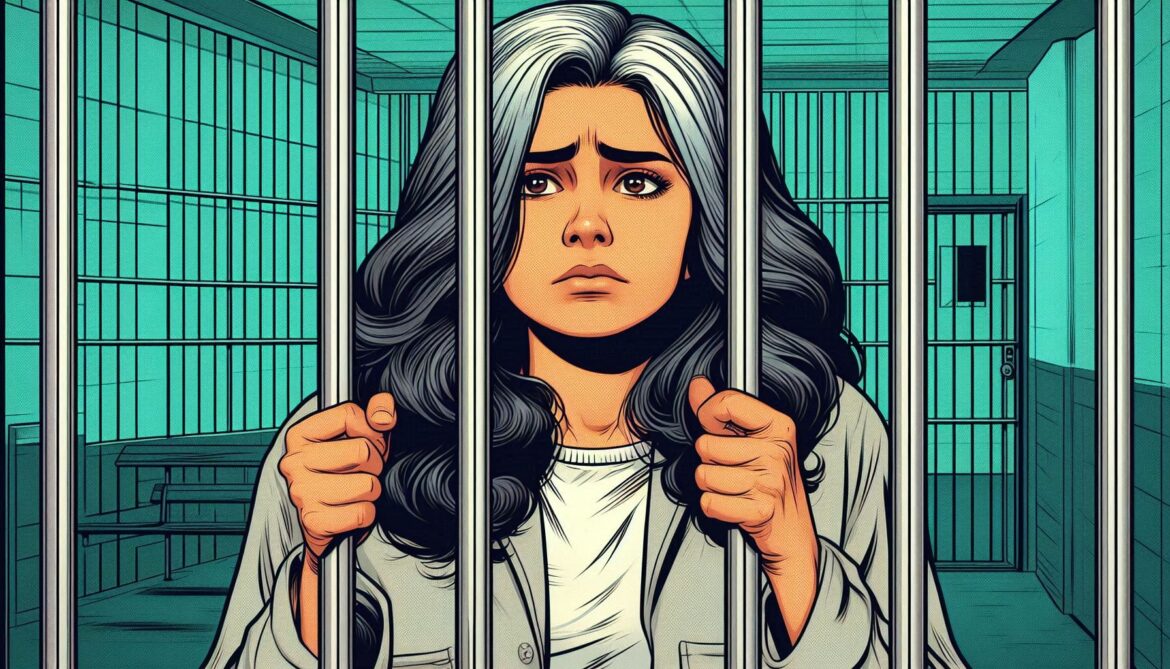 mujer joven en la cárcel privada de la libertad, prisión rejas , derecho penal