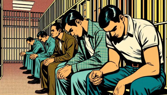 presos jóvenes cabizbajos en una celda