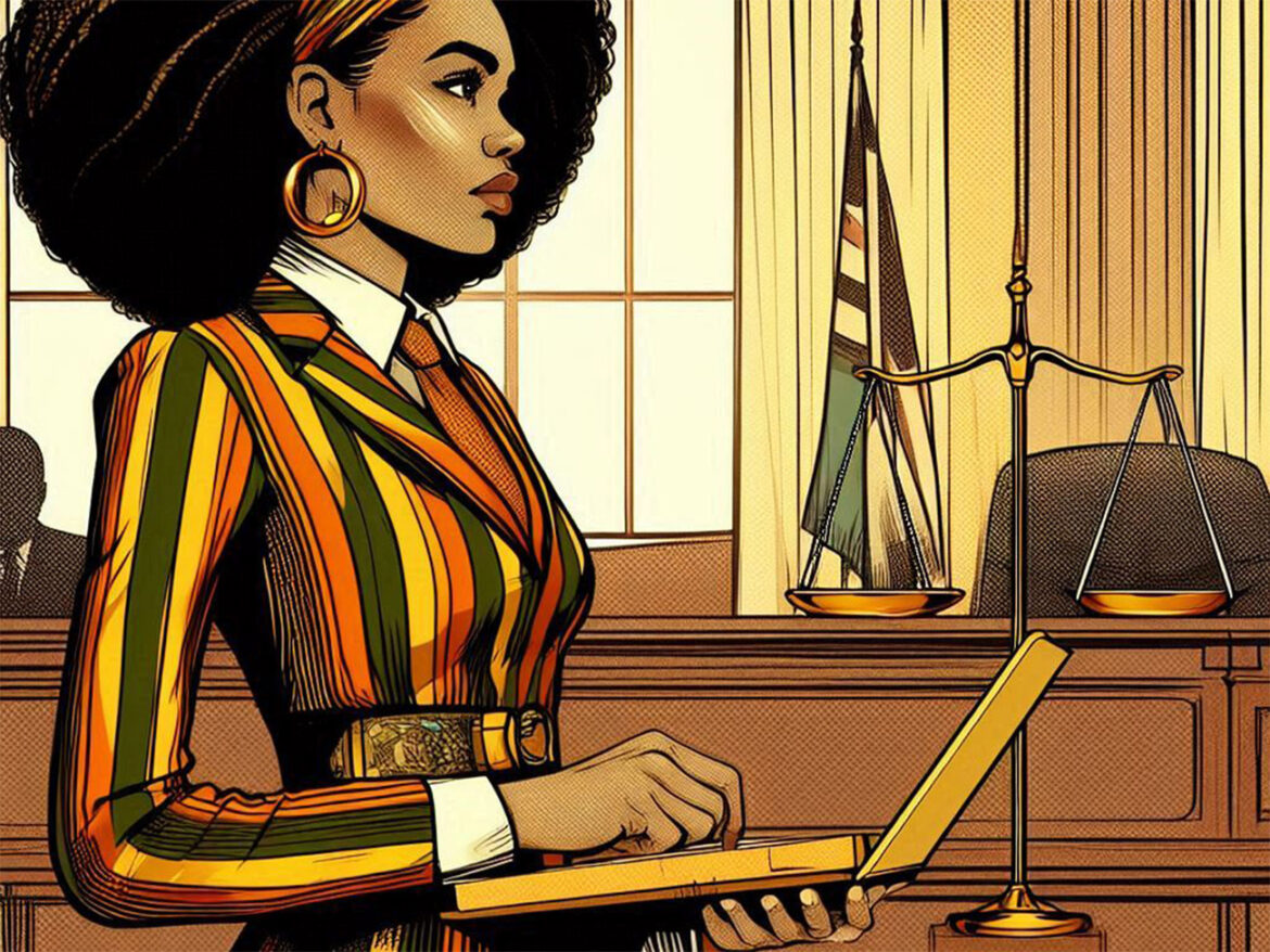 mujer abogada con laptop en la corte