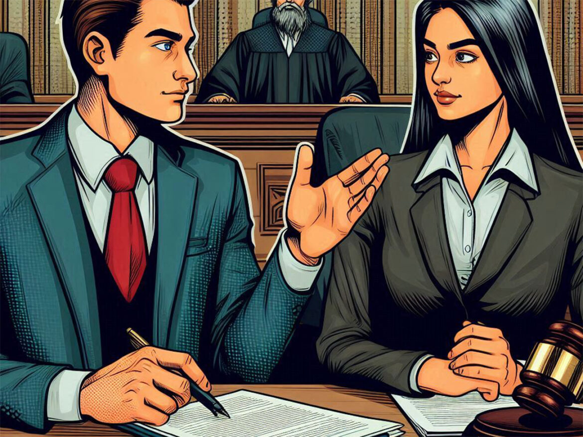 abogados en la corte dialogando son una abogada mujer joven y un abogado joven, al fonde se ve un jurado, además en primer plano las manos de los abogados tienen debajo de sí, papeles de un escrito de demanda reconvencional