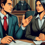 abogados en la corte dialogando son una abogada mujer joven y un abogado joven, al fonde se ve un jurado, además en primer plano las manos de los abogados tienen debajo de sí, papeles de un escrito de demanda reconvencional