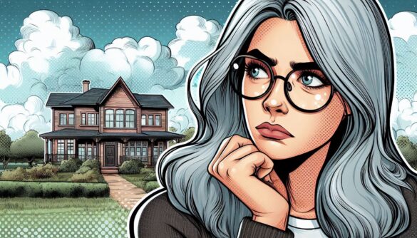 Mujer reflexiva, al fondo una casa con jardín, Carga Probatoria en Juicios de Usucapión