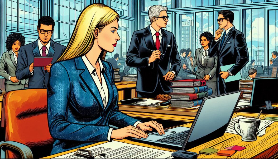 Mujer abogada rubia trabajando en oficinas administrativas del gobierno, esta frente a su laptop, al fondo hay gente haciendo diferentes actividades