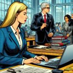 Mujer abogada rubia trabajando en oficinas administrativas del gobierno, esta frente a su laptop, al fondo hay gente haciendo diferentes actividades