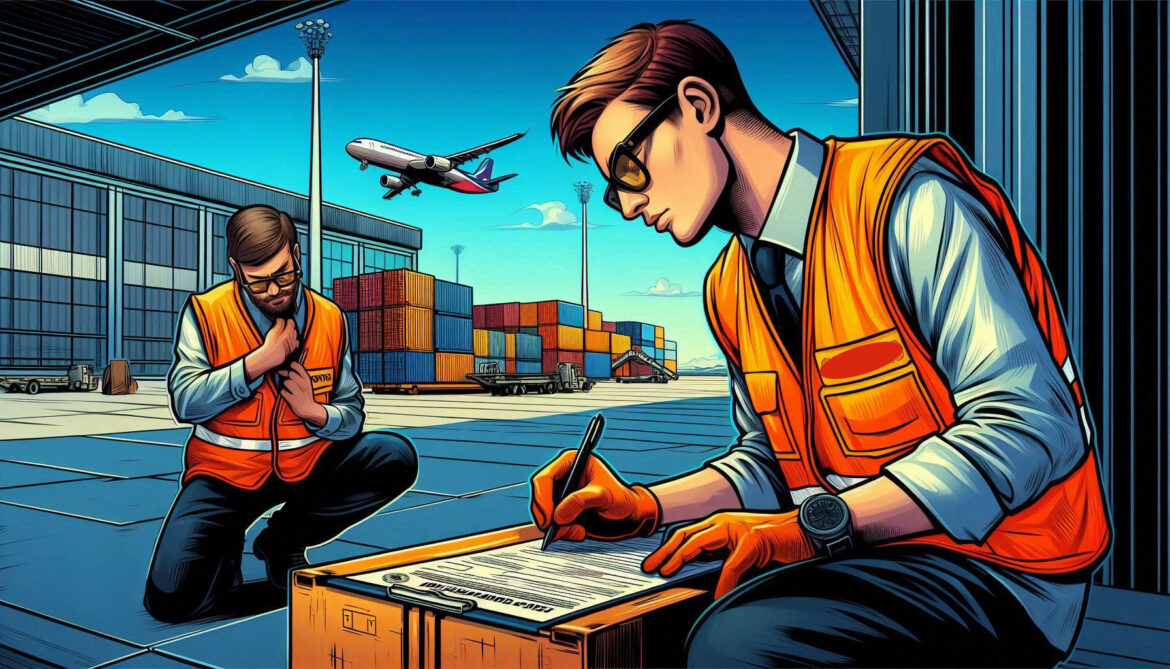 agentes aduanales en aeropuerto haciendo checklist sobre mercancía en contenedores