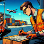 agentes aduanales en aeropuerto haciendo checklist sobre mercancía en contenedores